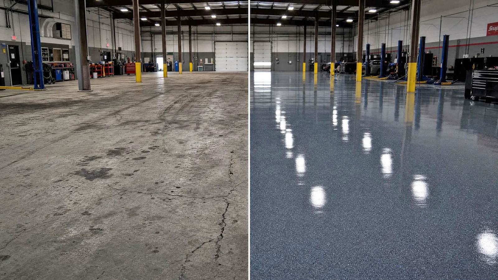 Commercial floor coating before and after — auto shop in Conway SC